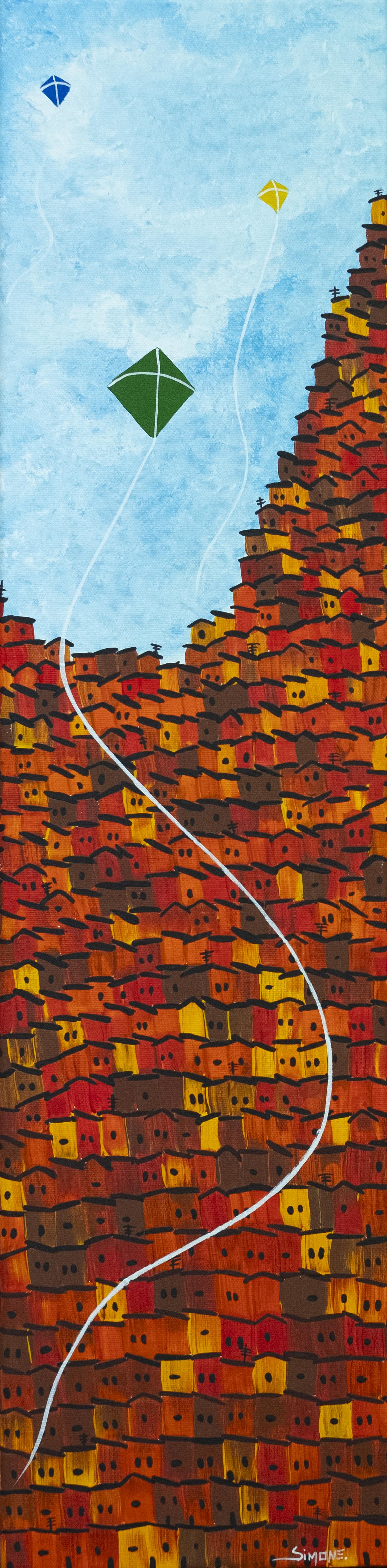 Uma favela colorida se estende pela paisagem, enquanto pipas voam no céu azul, trazendo leveza e liberdade à cena urbana