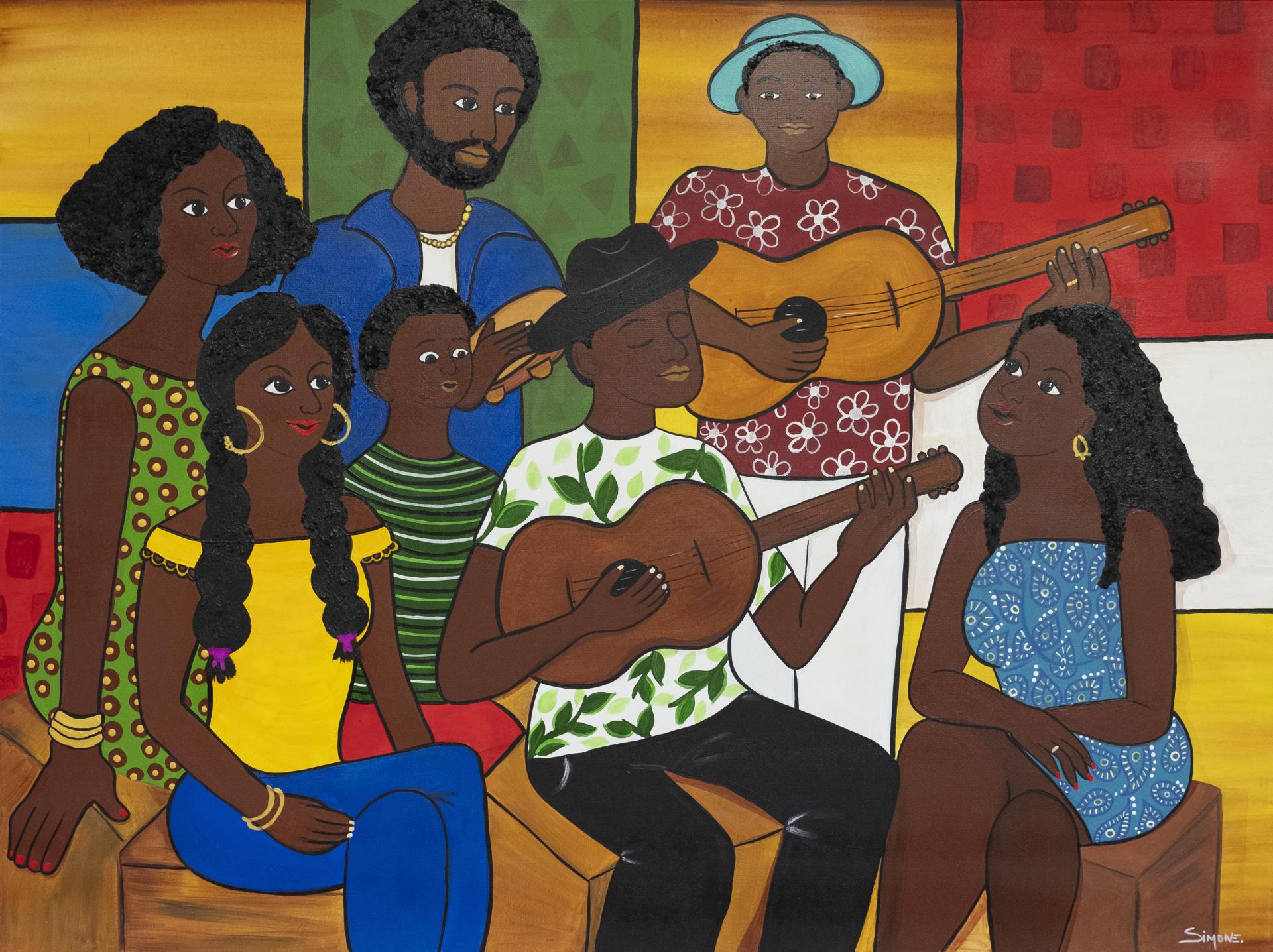 Um grupo de pessoas se reúne em um ambiente acolhedor, entre música, violões e as cores vibrantes da cultura brasileira